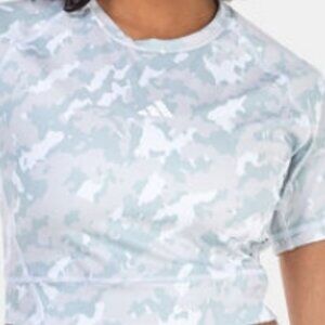 Adidas techfit light grey camo print short sleeve crop top and leggings, size L